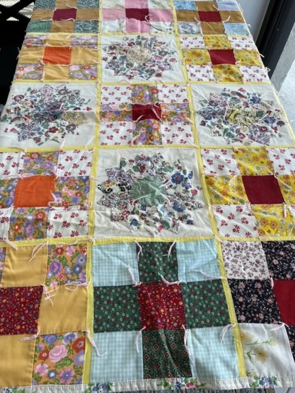 Feedsack Floral Patch Patchwork Quilt Throw Handmade Red Blue Vintage 50s 60s
